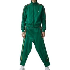 VTG Demetre Ladies 2PC Track Suit Jacket Crop Jogger Pant L Green W/Stripes